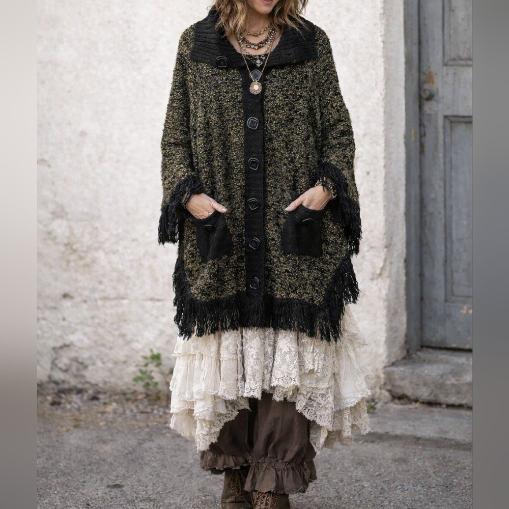 Langanlook Fringed Bouclé Button-Front Cardigan Sweater - Black Olive